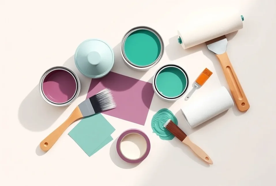 Pots de peinture, nuancier, brosses et rouleaux disposés à plat