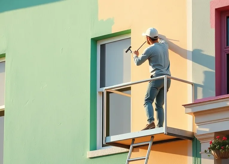 Peintre sur échafaudage traitant la façade d'une maison
